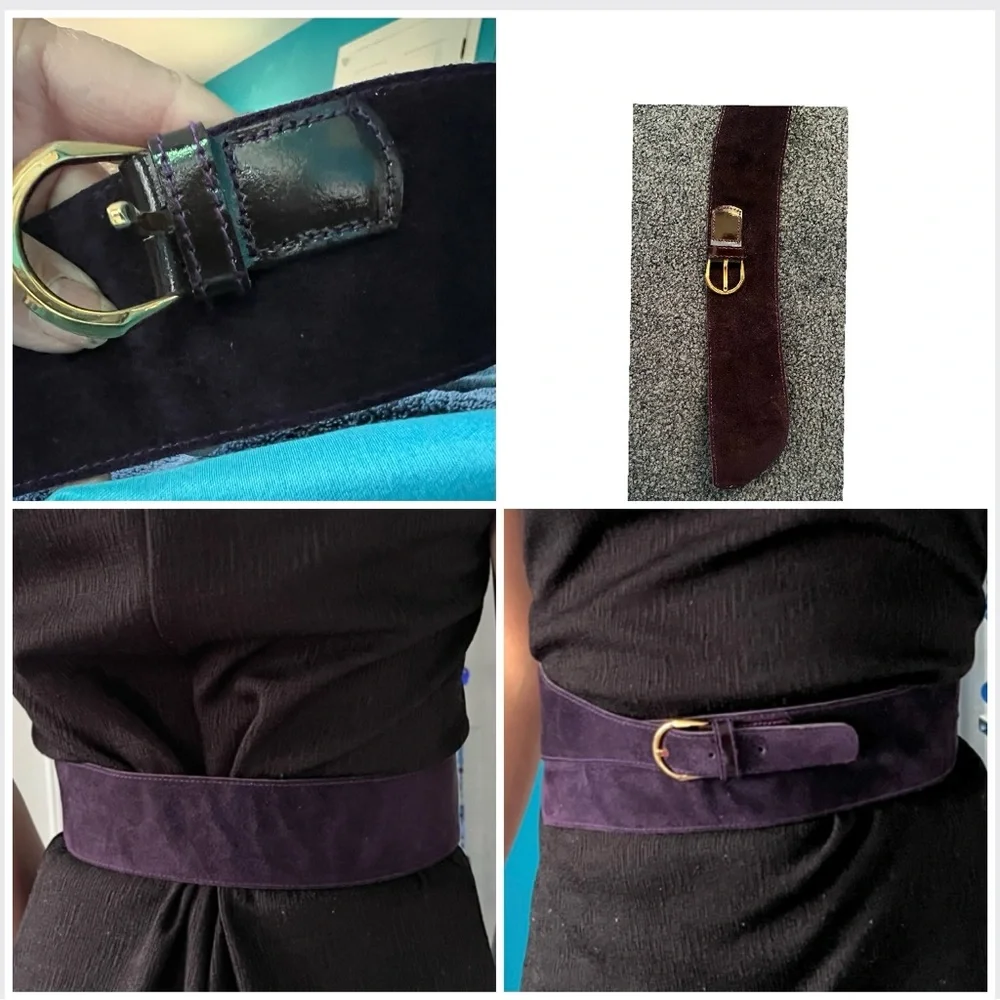 🎁 Vintage Leather Belt 1983 French | Deep Purple Suede | Asymmetrical Detail New - Picture 2 of 16